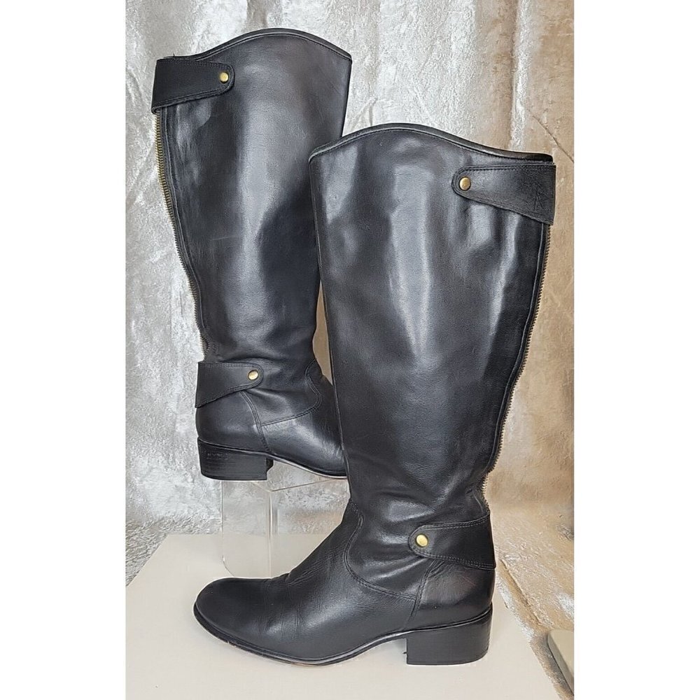 Corso Como Womens Black Tall Full Zip Leather Riding BOOTS Straps Sz. 7 EC, GUC!